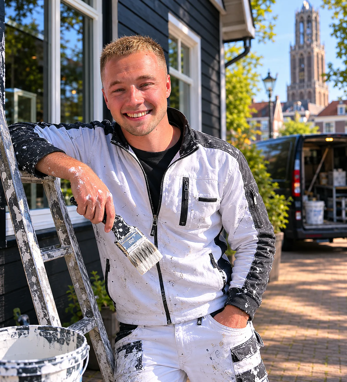 Dennekamp Schilders - vakman met verfemmer voor zijn bus
